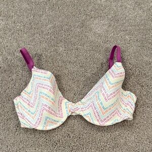 Victoria's Secret White Bra with Multicolor Logo Print and Magenta Straps